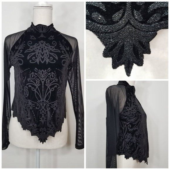 NWT Conrad C Collection Black Velvet Sheer Embellished Indie Sleeze Top shirt M - Picture 3 of 8